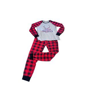 Women's Buffalo Plaid Reindeer Holiday Long Sleeve Pajama Set Red Gray Medium